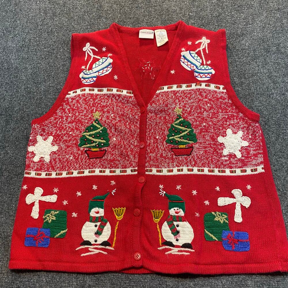Bobbie Brooks Holiday Women XL Red Christmas Tree Granny Cardigan Sweater Vest
